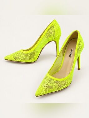 L'AGENCE Simone Pointed Toe Embroidered Lace Pump in neon yellow
